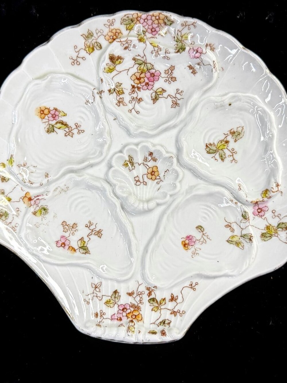 Antique c1890 Floral 5-Well Porcelain Oyster Plate Shell Form design 8" A1260